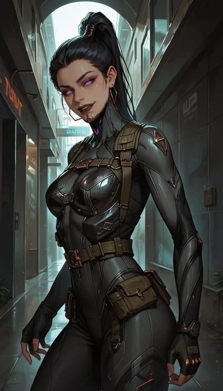 score_9, score_8_up, score_7_up, , detailed face,  best quality, perfect eyes, floating hair,  wallpaper, best quality, thick thighs, , perfect eyes, slim and fit, fit body,
<lora:DetailedEyes_V3 helper eye:1>,
Character:
epiCPhoto, <lora:Expressive_H:0.4> Expressiveh, <lora:g0th1cPXL Pony-St1le:0.4> g0thicPXL, glowing, neon, <lora:incase_style_v3-1_ponyxl_ilff Pony-St1le:0.3>, <lora:dark light helper:0.25>,
3l3anorframe, colored sclera, black sclera, ponytail, glowing eyes, dark lips, 
 dark alley,  mall, smirk,  dynamic pose, cowboy shot, in movement,random pose, dynamic pose, side view, from side, looking at viewer, 
 <lora:Eleanor_-_Warframe_-_Character-000007:0.8>