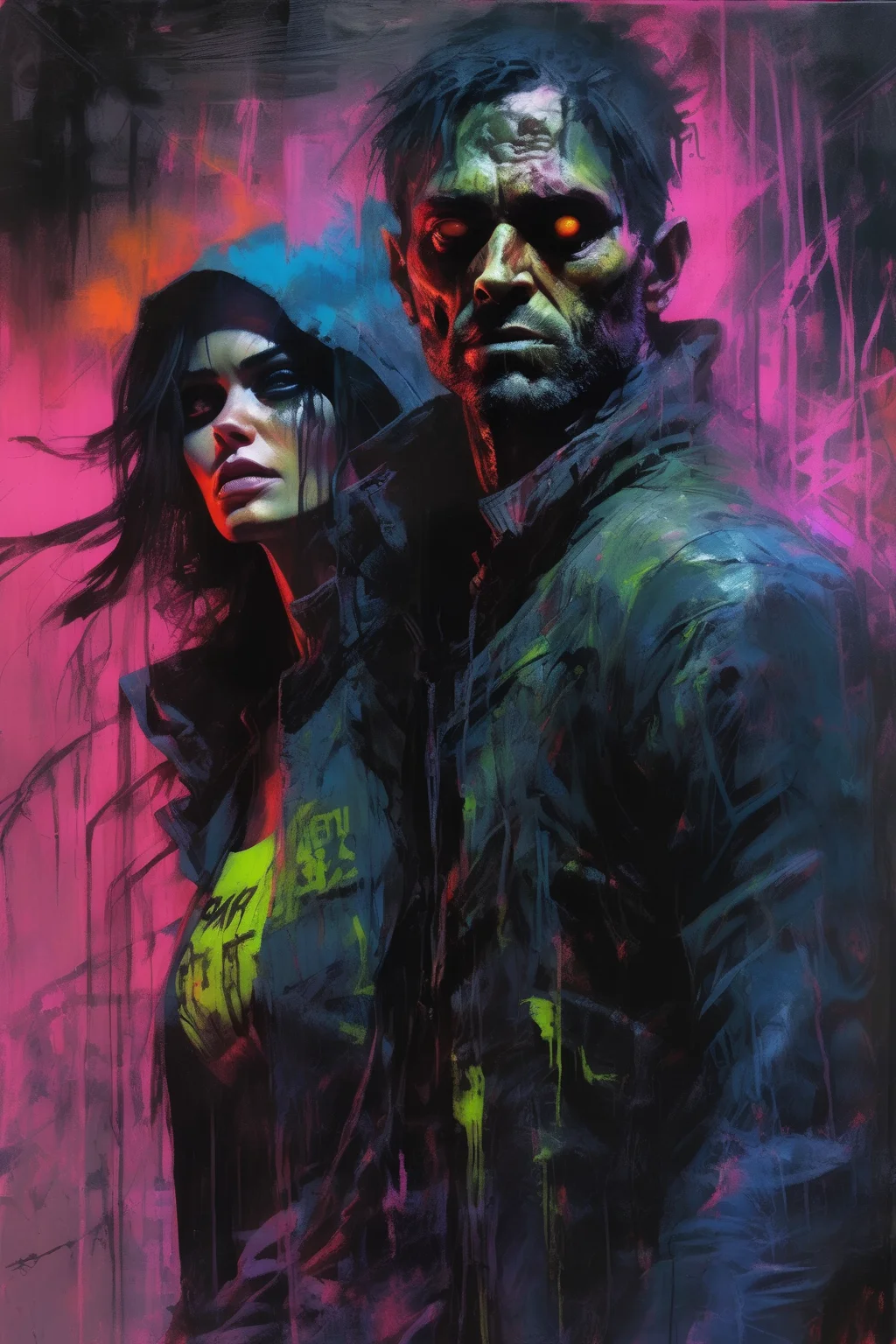 <lora:Sam Spratt Style:1>Sam Spratt Style - a scene of death and hell with a zombie sport man and woman mixed with a wolf and raven that highly detailed, guy denning style, with bright neon colors. A death hunter that is scary and horrifying on a journey through dilapidated cyberpunk city