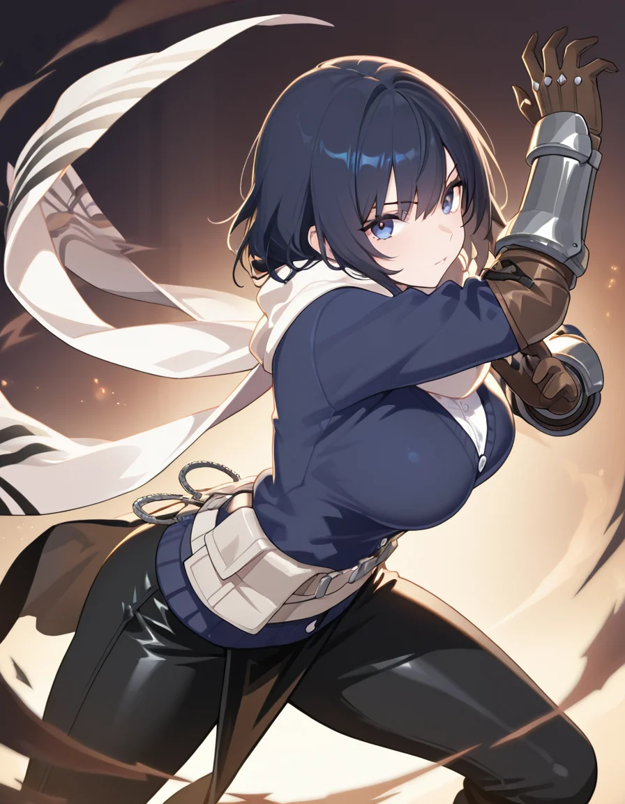 1girl, white shirt, white scarf, solo, black loincloth, blue sweater jacket,large breasts, looking at viewer, leather gloves, black pants,scarf,standing,
bracer,dynamic pose,
,best quality, masterpiece, <lora:SW-TenebrisOutfitV015-Remake-IXL:1>