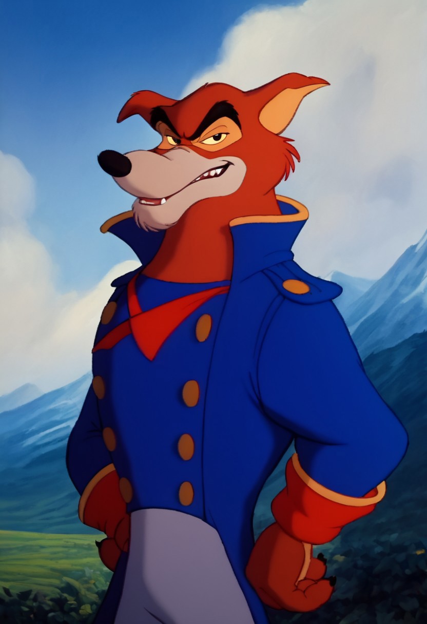 score_9, score_8_up, score_7_up, score_6_up, looking at viewer, close up, devious, devious smirk, fangs, red wolf, anthro, furry, male, blue captain suit, pants, boots, standing confident, mountain background, retro artstyle, traditional media, dramatic lighting<lora:Don_Karnage_Talespin_PonyXL:1> <lora:Disney_Renaissance:1>
