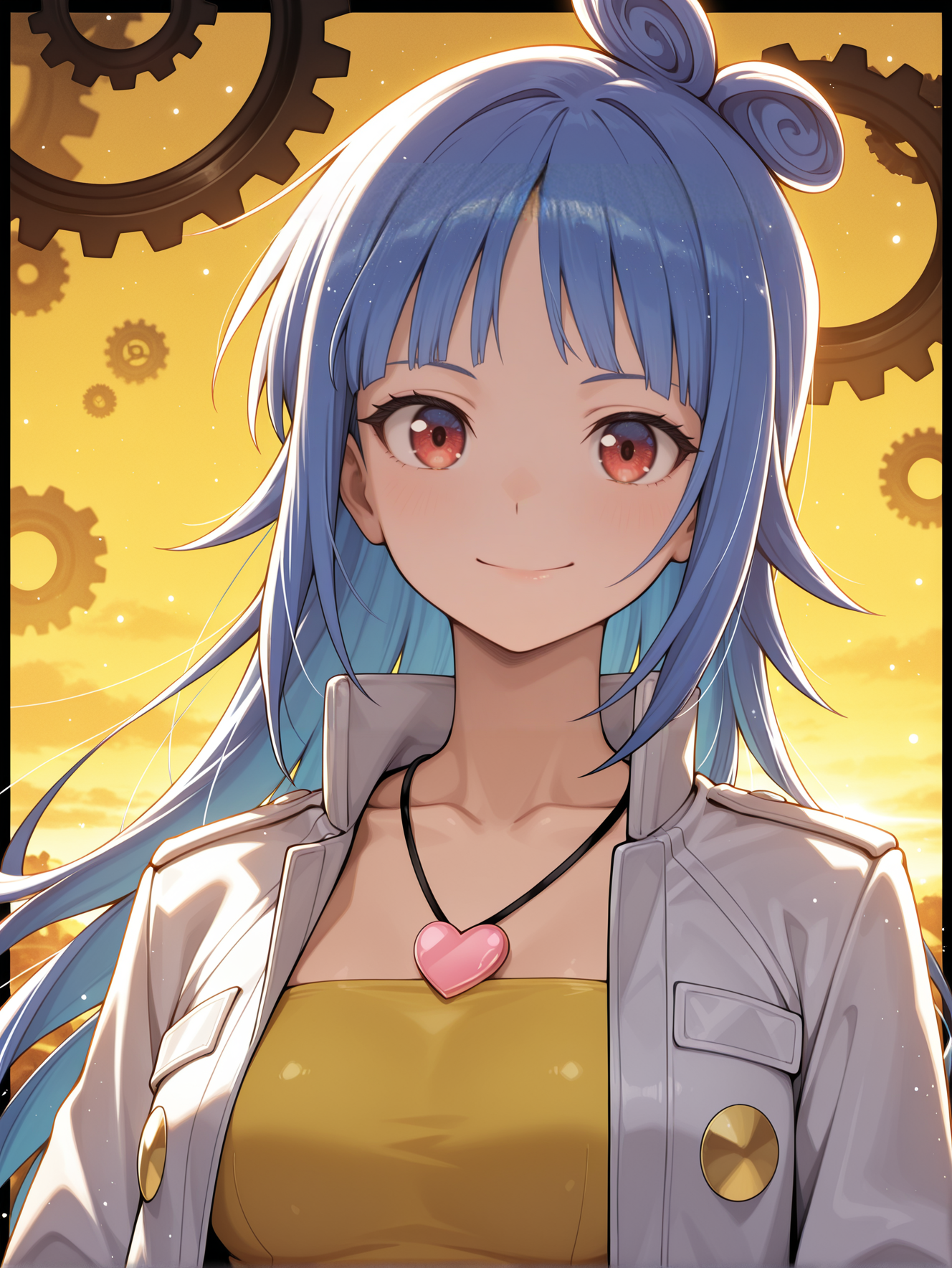 misaki,1girl,solo,smile,hair_ring,gear background,upper body,looking at viewer,closed mouth,yellow background,collarbone,heart necklace,white jacket,yellow strapless shirt,black border,
masterpiece,best quality,amazing quality,very aesthetic,absurdres,newest,scenery,extreme detail,8k,light particles,soft lighting,volumetric lighting,intricate details,finely detailed,detailed eyes,<lora:Misaki illusXL v1.1:0.77>,