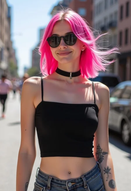 Attractive 24 years old girl with pink hair and sunglasses. Straight pink bob hair flutters in the wind. The girl is wearing a black sleeveless crop top and denim shorts. Street of a big city on a sunny day with a blurred background. The girl has a black choker on her neck and a tattoo on her hand. The girl smiles shyly looking at the camera. The image is filled with vibrant colors. Photograph, realistic, higly detailed. detailmaximizer, Goth GIrl