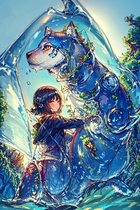 masterpiece, best quality,  <lora:Pokemon:1>,animals,(((((1girl))))), glass <lora:Nature Cthulhu Girl:0.4>,plants,wolf