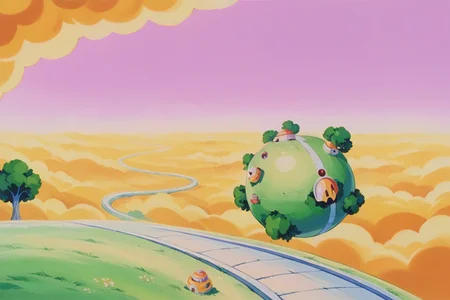 score_9, score_8_up, score_7_up, score_6_up BREAK retro artstyle, kai planet, planet,wide shot, scenery, road, pink sky, yellow cloud, grass, tree, house <lora:OtherworldPony:1>