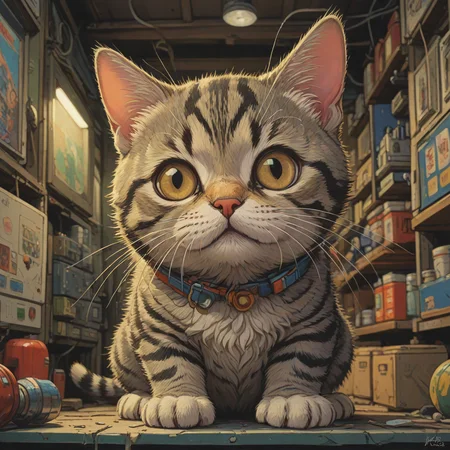 anime sci-fi art, (Olive theme:0.7) , Chibi American Shorthair Cat, from inside a Oaxaca, deep focus, stylized by Katsuhiro Otomo, (Yoshiyuki Tomino:0.7) , Range Murata, Frightening, F/14, elaborate ,8k, masterpiece, best quality, hyperrealistic, superrealistic, photorealistic, ultra sharp, 16 bit colors, highres,