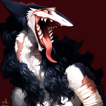 score_9, score_8_up, score_7_up, Rain Silves, yellow eyes, sergal, blue hair, furry female open mouth, teeth, tongue out, realistic, red background, bandages, scars