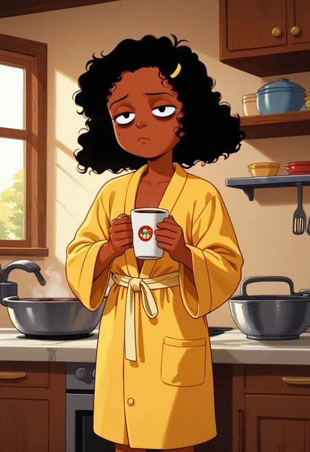 score_9, score_8_up, score_7_up, retro artstyle
1girl, solo, Ashley B RC, black hair,curly hair, ashley b rc, yellow hair ornament, , dark skin, flat chest,
indoors, kitchen, wear only bathrobe, loose clothes, open clothes, holding a cup of coffee, one hand on hip,eyes half closed, sleepy eyes, bags under eyes, perfect hands,