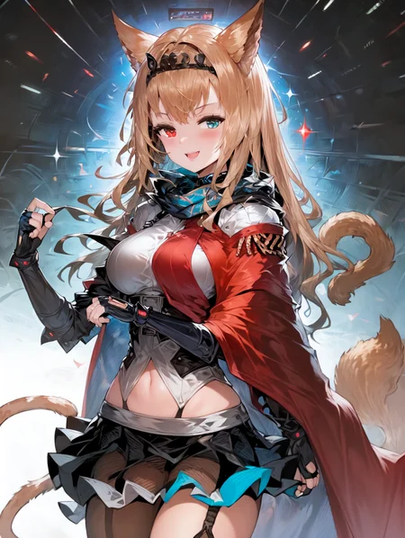 masterpiece, best quality,1girl, animal_ears, black_gloves, blush, breasts, brown_hair, cape, cat_ears, cat_tail, claw_pose, fingerless_gloves, gloves, gradient, gradient_background, heterochromia, long_hair, looking_at_viewer, open_mouth, red_eyes, skirt, smile, solo, tail, thigh_strap, tiara<lora:alc2-000003:1>,