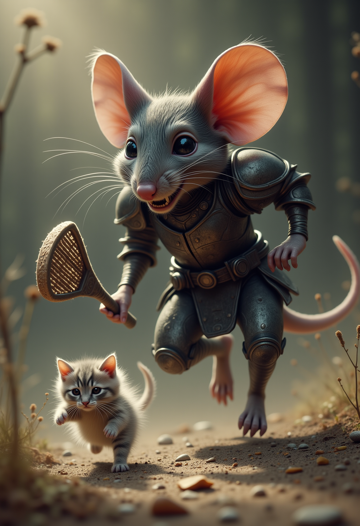 a giant evil mouse wearing armor and holding a fly swatter is chasing a tiny miniature fluffy cat that's running away with a panicked look on its face <lora:Dever_Flux_Enhancer:0.5>