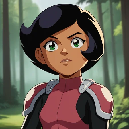 score_9_up, score_8_up, BREAK, 1girl, solo, Megan, black hair, short hair, green eyes, dark skin, bodysuit, shoulder pads, armor, upper body, <lora:Megan_SpieZ_PXL_Leaf4:0.8>, outdoors, depth of field, looking at viewer, forest,