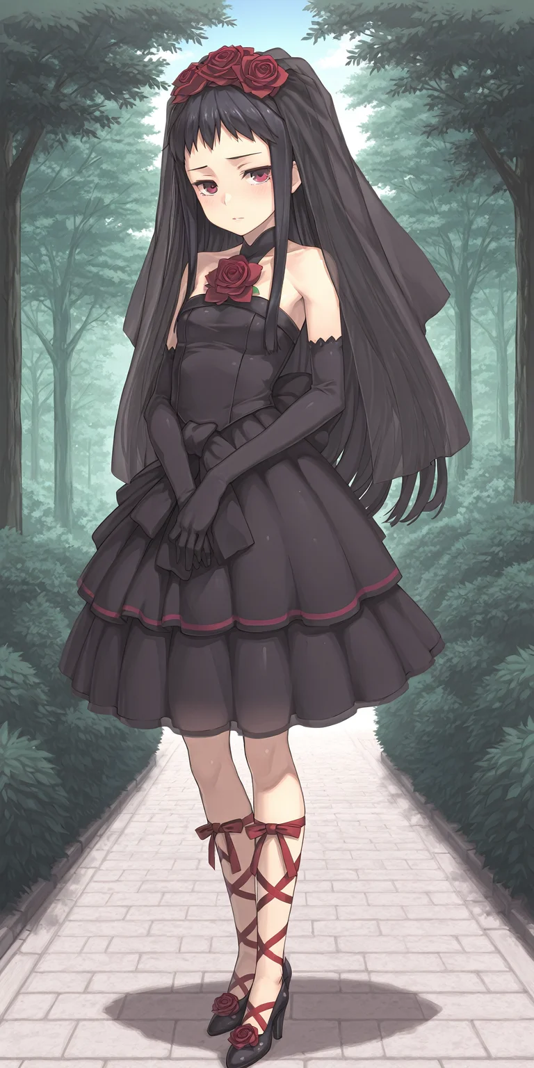 masterpiece,1girl,solo,looking at viewer,outdoors,
<lora:Jakuri - Ar Tonelieco:1>,Jakuri-Rose,hair rose,elbow gloves,high heels,rose,veil,short dress,bridal veil,bride,ankle ribbon,black dress,