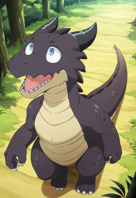 masterpiece,best quality,amazing quality, dragon, Ravendia, forest background, fullbody, horns, blue eyes, (solo:1.8),anime style, flat shadding, walking, above view, open mouth, looking up, 3 toes