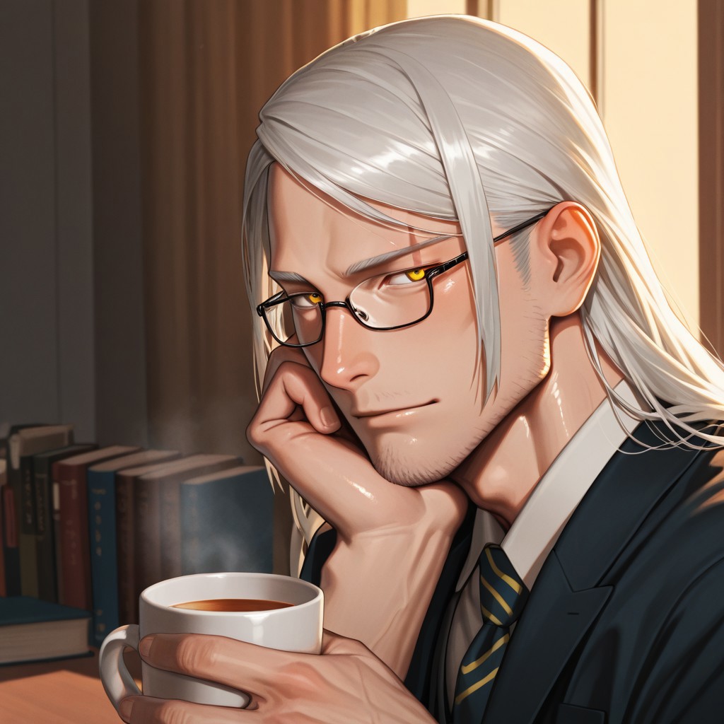masterpiece, best quality, amazing quality, absurdres, newest, detailed background, definition so sharp, Ultra-HD, 8K cinematic, very awa, impressionate, amazing quality, highres, 
solo, male focus, manly, shadow, shiny skin, mature male, extream close-up, soft coloring,
mitsuhisahachiya, mitsuhisa_grey hair, mitsuhisa_yellow eyes, 1boy, long hair, scar across eyebrow, intelligent, witty_smile, charming, glasses, books, university, professor, smart_casual_attire, approachable, kind_eyes, thoughtful_expression, cup_of_tea, warm_lighting, gentle_laughter