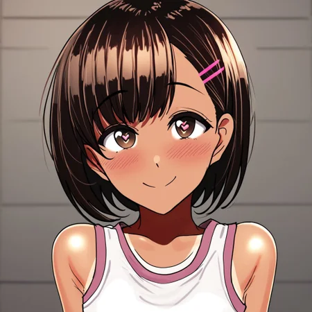 score_9, score_8_up, score_7_up, 1girl, one-piece tan, flat chest, brown eyes , indoors, brown hair, medium hair, slim waist, hair clip<lora:Motsuaki_StyleV1_r1:0.8>, solo, aroused, smile, blush, tank top, upper body, heart shaped pupils, submissive, horny