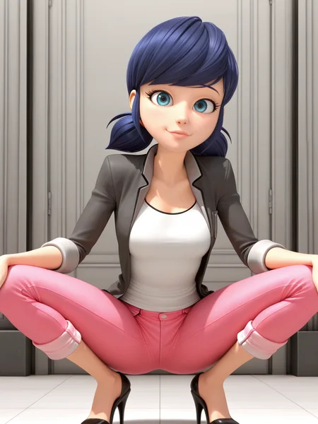 <lora:LedybugIL:0.8>  l_b, 1girl, fair skin,  black hair, shoulder-length hair with pigtails, light pink lips, blue eyes, dark gray blazer with rolled-up sleeves, white t-shirt, pink rolled-up jeans,
looking at viewer, squatting, front view, spreading legs, platform high heels
