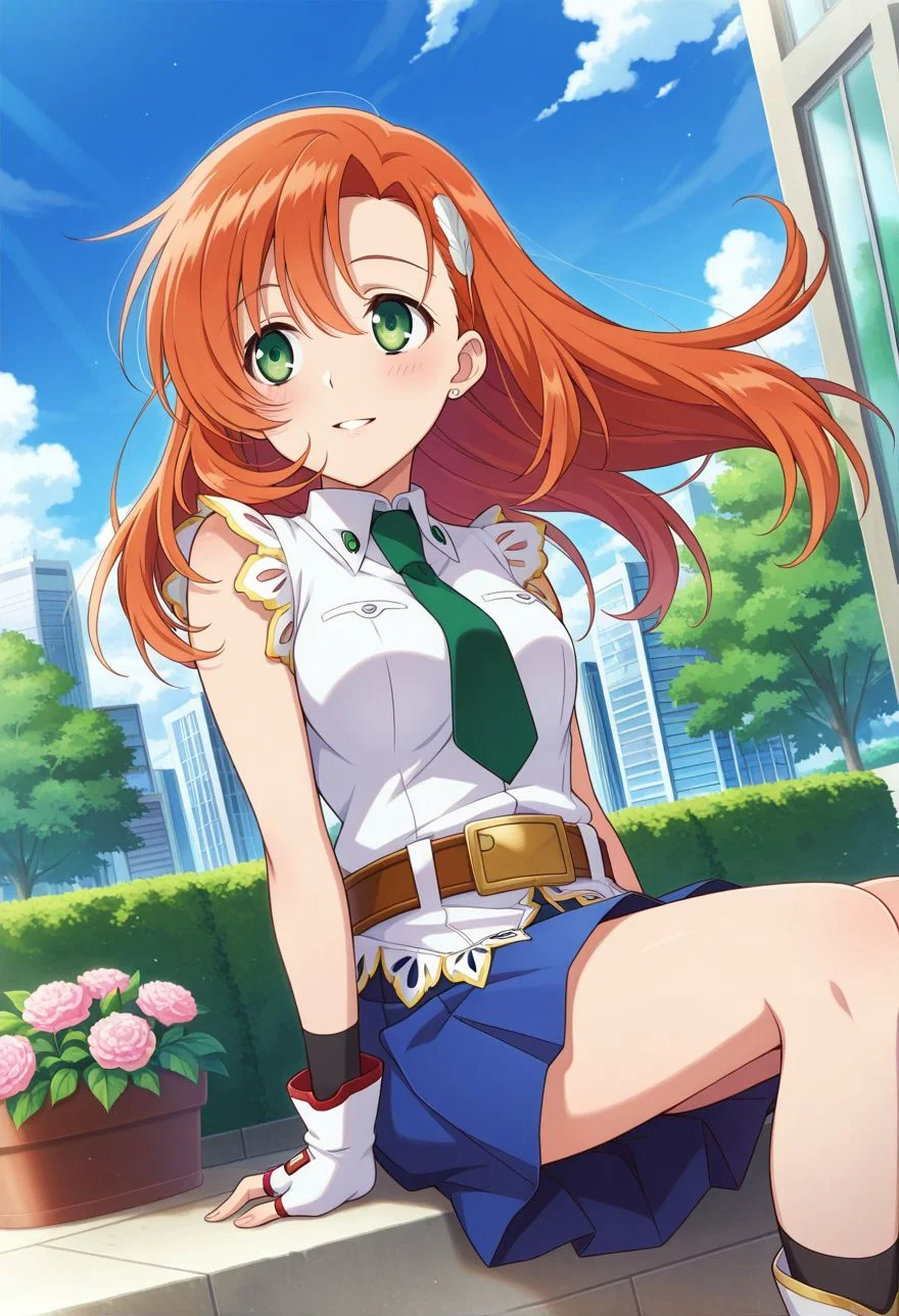 detailed eyes, beautiful, detailed background, perfect eyes,
source_anime, very aesthetic, anime coloring, masterpiece, official art,
<lora:HandFineTuning_XL:1>
BREAK,
park, garden, flowers, cityscape,
sitting, parted lips, light smile, blush,
dynamic angle, full body, looking away, floating hair,
BREAK,
<lora:cliana_illustrious_v02:0.9>
clianaDef, orange hair, green eyes, long hair, feather hairpin,
fingerless gloves, green necktie, laces, hairpin, pleated skirt, blue skirt, belt, buckle,
black socks, white boots,