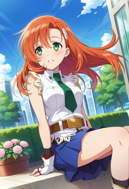 detailed eyes, beautiful, detailed background, perfect eyes,
source_anime, very aesthetic, anime coloring, masterpiece, official art,
<lora:HandFineTuning_XL:1>
BREAK,
park, garden, flowers, cityscape,
sitting, parted lips, light smile, blush,
dynamic angle, full body, looking away, floating hair,
BREAK,
<lora:cliana_illustrious_v02:0.9>
clianaDef, orange hair, green eyes, long hair, feather hairpin,
fingerless gloves, green necktie, laces, hairpin, pleated skirt, blue skirt, belt, buckle,
black socks, white boots,