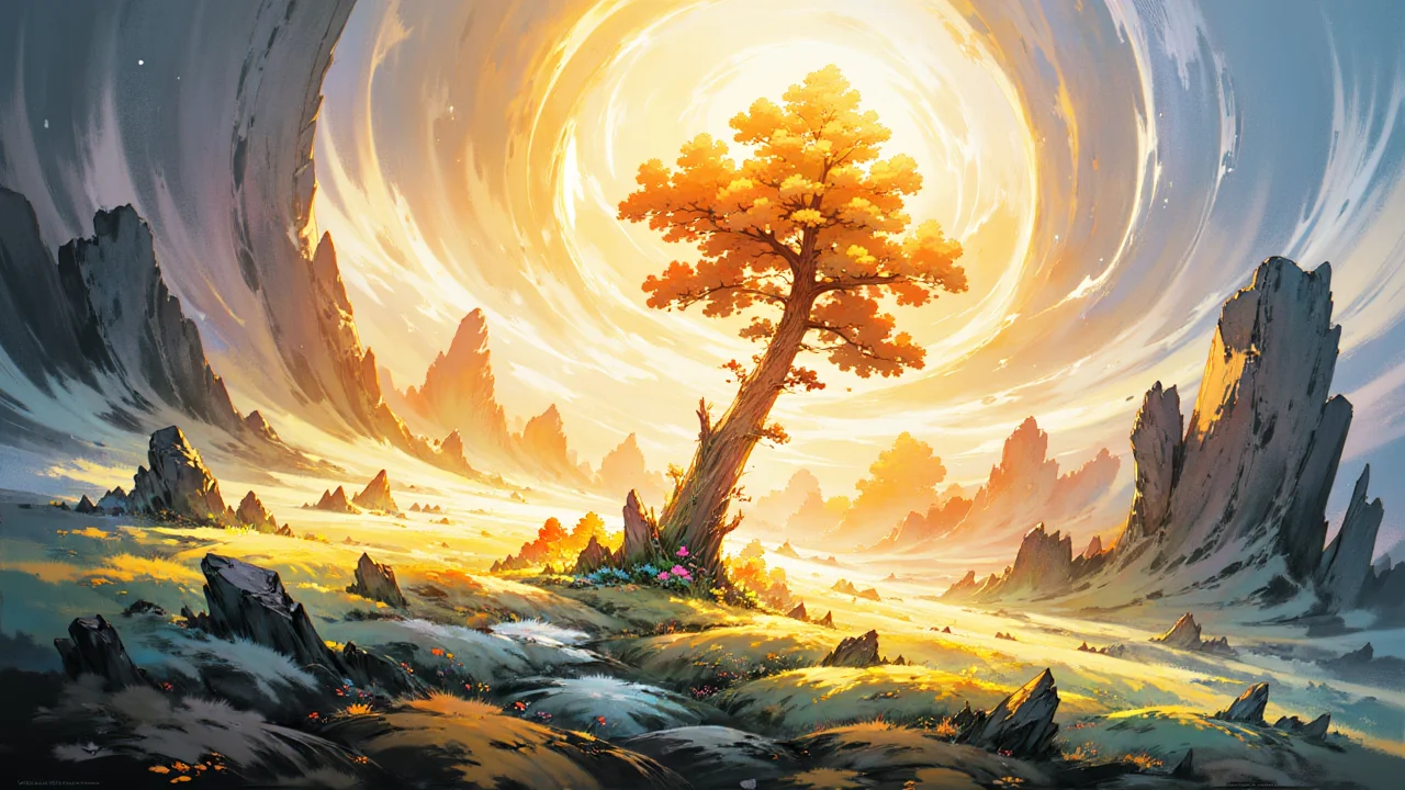 painted world,golden rays shine through clouds onto a towering tree in the middle of a dense forest,colorful flowers rest on a sea of grass, golden ratio
