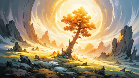 painted world,golden rays shine through clouds onto a towering tree in the middle of a dense forest,colorful flowers rest on a sea of grass, golden ratio