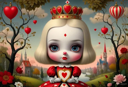 Cuteness overload. Insanely detailed portrait adorable Queen of Hearts.
Fairytale, sharp eyes, Jasper Johns, Margaret Keane, Ray Caesar, Craig Davison, Mark Ryden, Fragonard. Cinematic lighting, beautiful, rich deep colors, masterpiece. Hires 32k best quality.