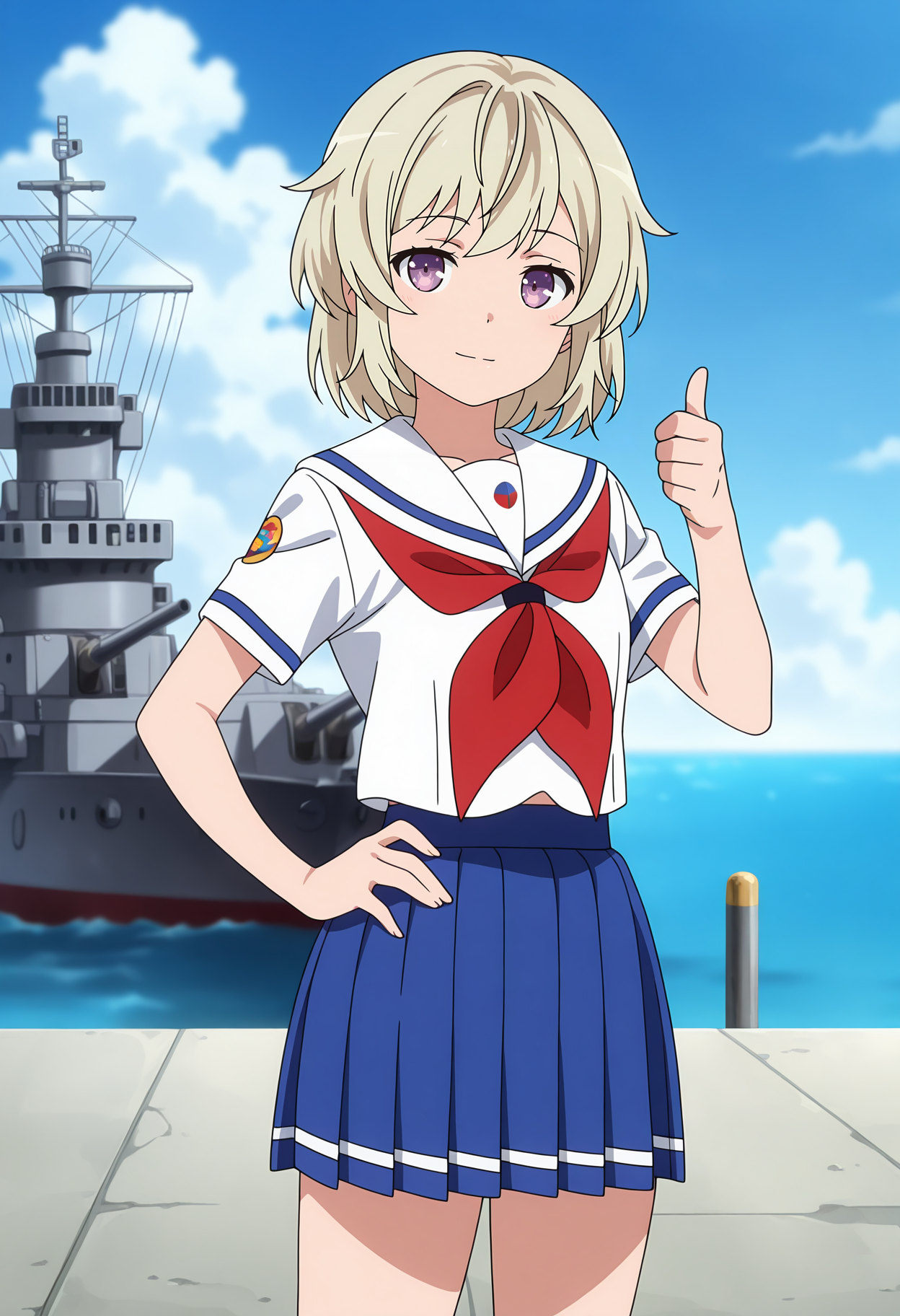 anime screencap, masterpiece, best quality,
<lora:HighSchoolFleet_TateishiShima_IlluXL:0.9>,
1girl, solo, closed mouth, light smile,
short hair, blonde hair, purple eyes,
white sailor collar, white shirt, red neckerchief, short sleeves, pleated skirt, blue skirt,
thumbs up, hand on own hip, standing, looking at viewer, cowboy shot,
horizon, dock, outdoors, battleship, warship, blue sky, blurry background