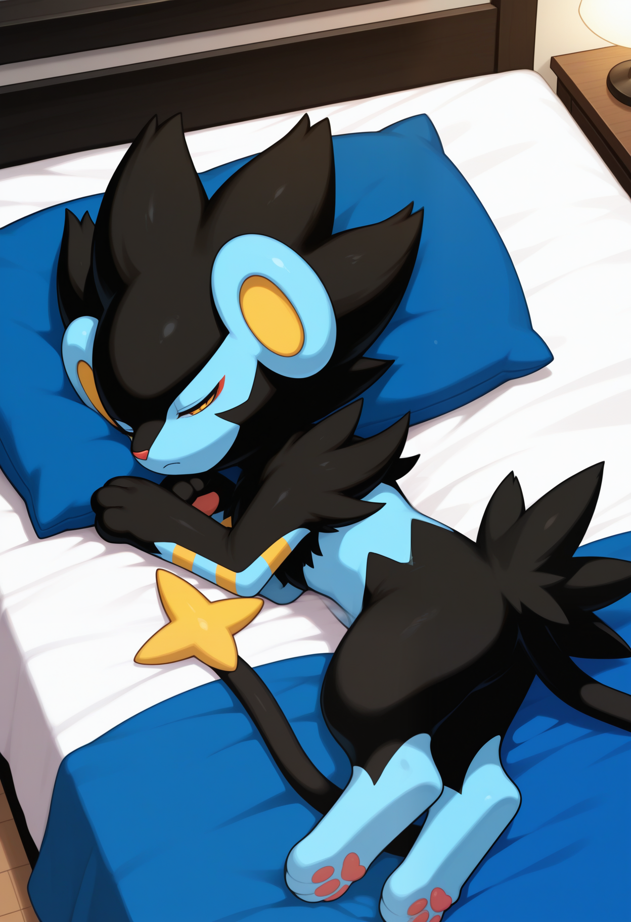 masterpiece,best quality,amazing quality, 1boy, solo, luxr4y, pokemon (creature), chibi, cat bed, cute, sleeping,