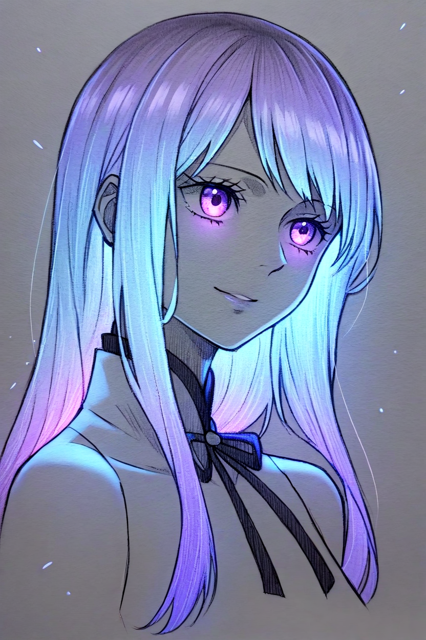 <lora:NeonSketchEffect1llust:0.8>,neonsketcheffect,glowing sketch,glowing,spot color,
masterpiece,best quality,artistic composition,aesthetic design,monochrome,cropped torso,
sketches,portrait, Hiyori Kozuki (One Piece), solo, elegant and graceful smile, soft lavender eyes, glowing, half-body portrait, spot color, long flowing indigo hair glowing with delicate blue highlights, traditional Japanese aesthetic, soft artistic elegance.