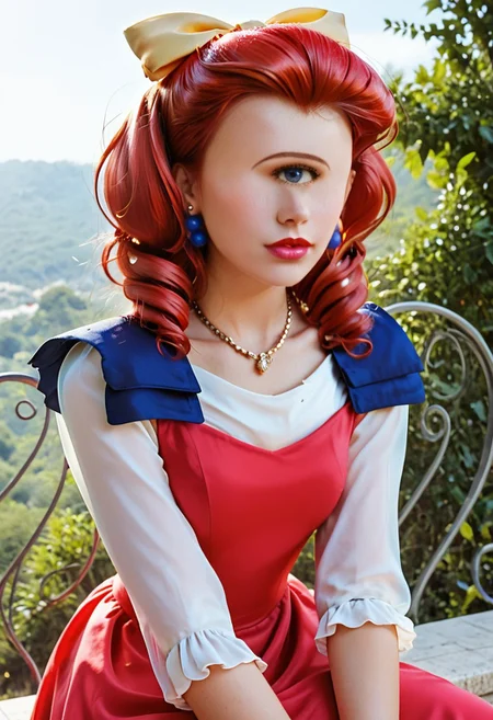 score_9, score_8_up, score_7_up, score_6_up, <lora:PMJessebelle_epoch_7:0.8>, PMJessebelle, blue eyes, red hair, drill hair, yellow bow, hair bow, earrings, lipstick, pink lips,
pearl necklace, red dress, shoulder pads,
leaning forward, serious, looking at viewer, facing viewer, hand on own knee, cowboy shot,
BREAK day, sunlight, outdoors,
gorgeous lips, cinematic, (masterpiece), (best quality), (ultra-detailed), very aesthetic, illustration, perfect composition, intricate details, absurdres, (realistic, ultrarealistic, masterpiece, intricate:1.3), (best quality, hires textures, high detail:1.2), (4k), (incredibly detailed:1.4), (masterpiece, best quality:1.2), cyclopsgirl, thinmonobrow, masterpiece,best quality,