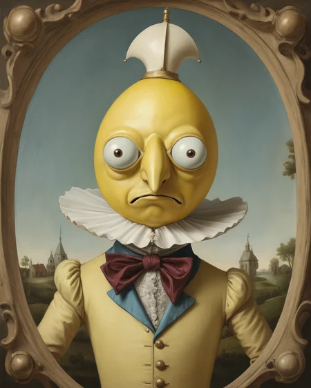 Earl of Lemongrab, caricature, hieronymus bosch style, rococo, lemon head