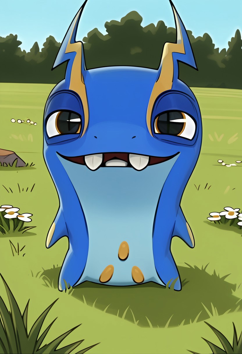 BREAK score_9, score_8_up, score_7_up, source_cartoon, joules_slug, slug, two-tone skin, light blue-blue, brown eyes, ray-shaped antennae, yellow rays, light blue chest, symbol on the stomach, grass, smile, (creativity:1.3), outdoors,