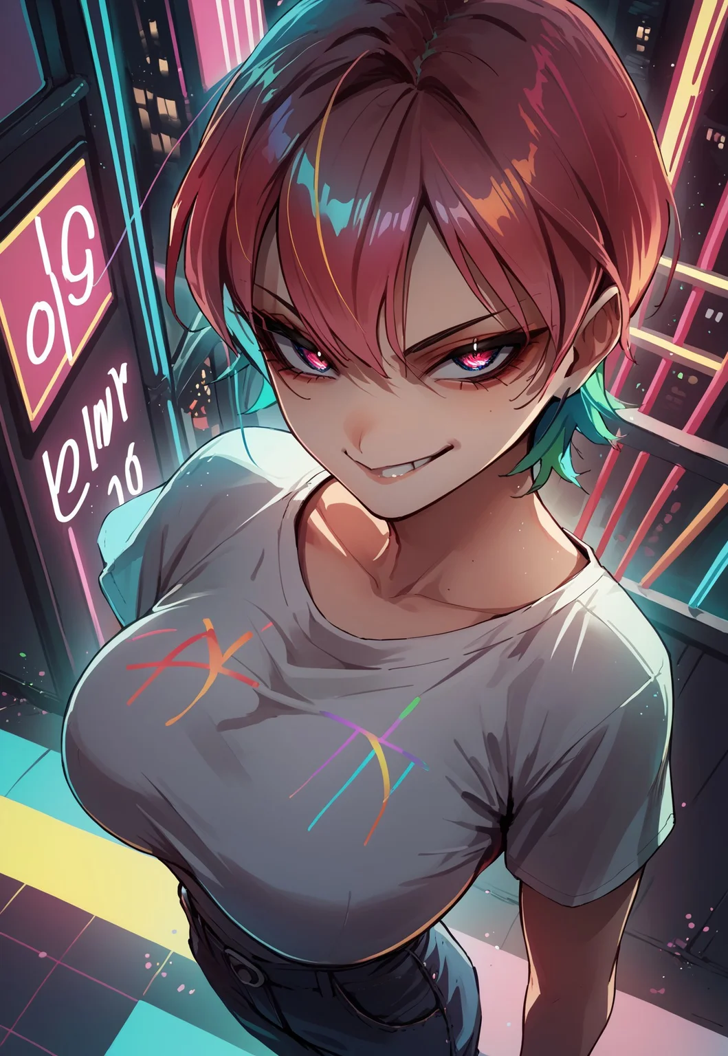 score_9, score_8_up, score_7_up, source_anime, (Teru Style), looking at viewer, 1girl, cowboy shot, neon, colorful, dutch angle, from above, smirk, large breast