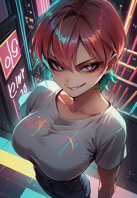 score_9, score_8_up, score_7_up, source_anime, (Teru Style), looking at viewer, 1girl, cowboy shot, neon, colorful, dutch angle, from above, smirk, large breast