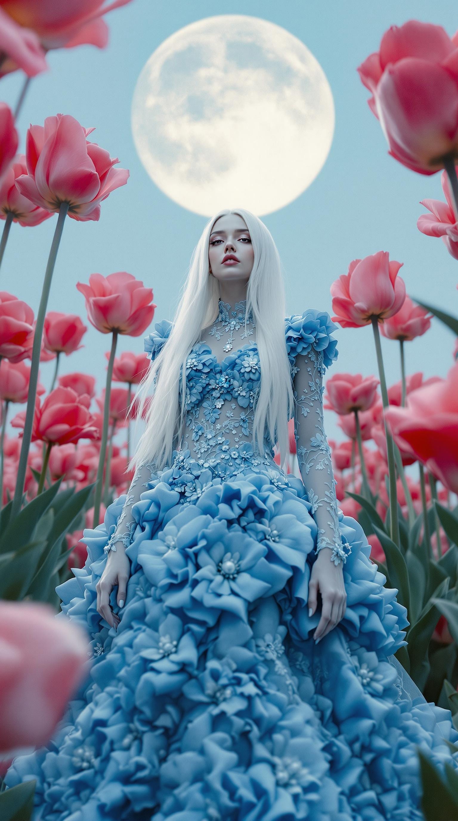 full-length girl with long white hair, wearing an intricate blue lace dress of flowers, standing in the middle of huge scarlet pearlescent tulips, large moon background, cinematic style, professional photoshoot, close-up, macro, bottom view