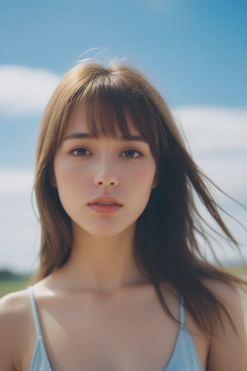 20years old woman with long hair, young woman, seductive gaze, blue sky, hd, 8k, swept bangs, light leak, wet face, delicate facial features, windbrown hair,
shallow depth of field, 35mm photo, grainy, vignette, vintage, Lomography, highly detailed, HDR photo of surreal photography,