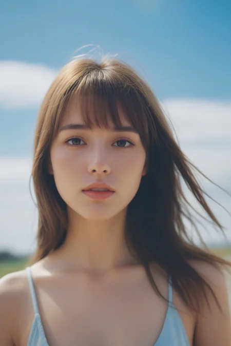 20years old woman with long hair, young woman, seductive gaze, blue sky, hd, 8k, swept bangs, light leak, wet face, delicate facial features, windbrown hair,
shallow depth of field, 35mm photo, grainy, vignette, vintage, Lomography, highly detailed, HDR photo of surreal photography,