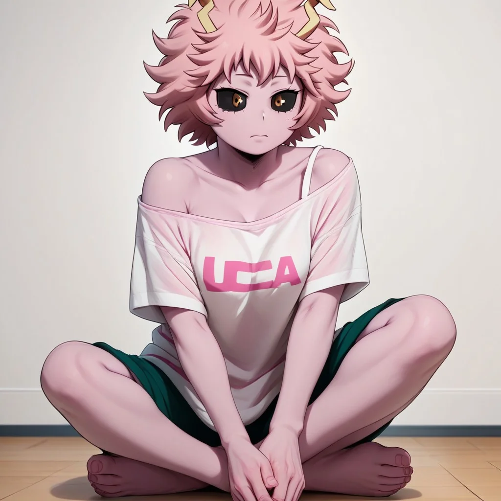 score_9, score_8_up, score_7_up, score_6_up, score_5_up, score_4_up, 1girl, MinaHero, sitting on the floor, barefoot, loose shirt, exposed shoulder, pink hair, pink skin, black sclera
