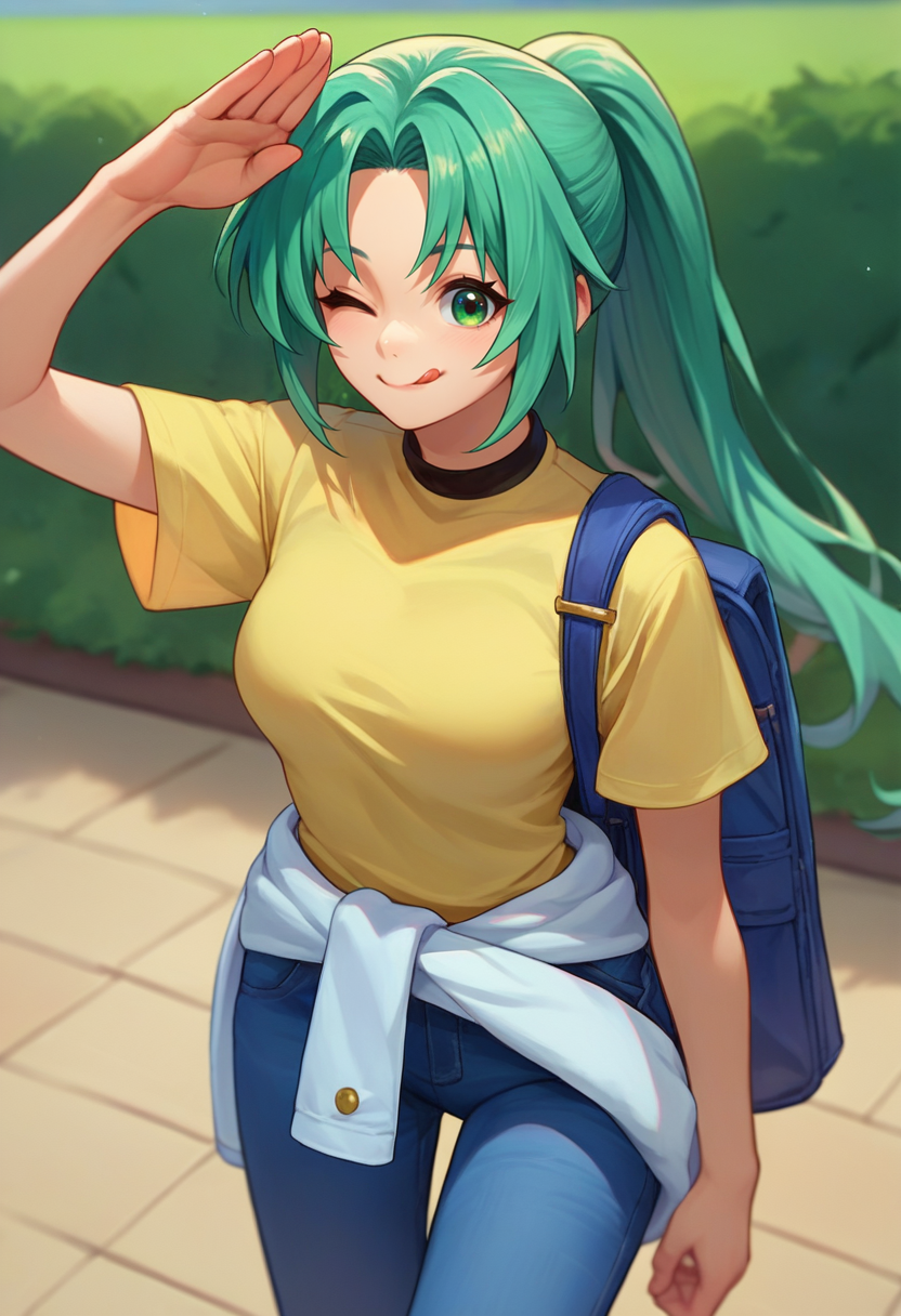score_9, score_8_up, score_7_up, source_anime, Mion Sonozaki, green eyes, ponytail, yellow T-shirt, white  clothes around waist, jeans, salute, one eye closed, tongue out,  <lora:MionCAME2-000008:1>