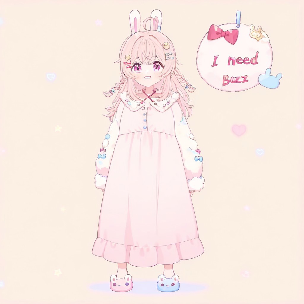 1girl, solo, pippa, rabbit ears, bangs, rabbit girl, solo, twin braids, virtual youtuber, ahoge, pink eyes, pipi hairclip, heart hairclip, bow hairclip, bunny hairclip, red bow hairclip, tiny heart hairclip, ((full body, long dress, blouse, fluffy slippers, (biting sign),   English text, Holding a sign that reads the text: "I need Buzz", handwritten text, buzz