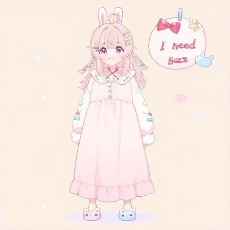 1girl, solo, pippa, rabbit ears, bangs, rabbit girl, solo, twin braids, virtual youtuber, ahoge, pink eyes, pipi hairclip, heart hairclip, bow hairclip, bunny hairclip, red bow hairclip, tiny heart hairclip, ((full body, long dress, blouse, fluffy slippers, (biting sign), English text, Holding a sign that reads the text: "I need Buzz", handwritten text, buzz