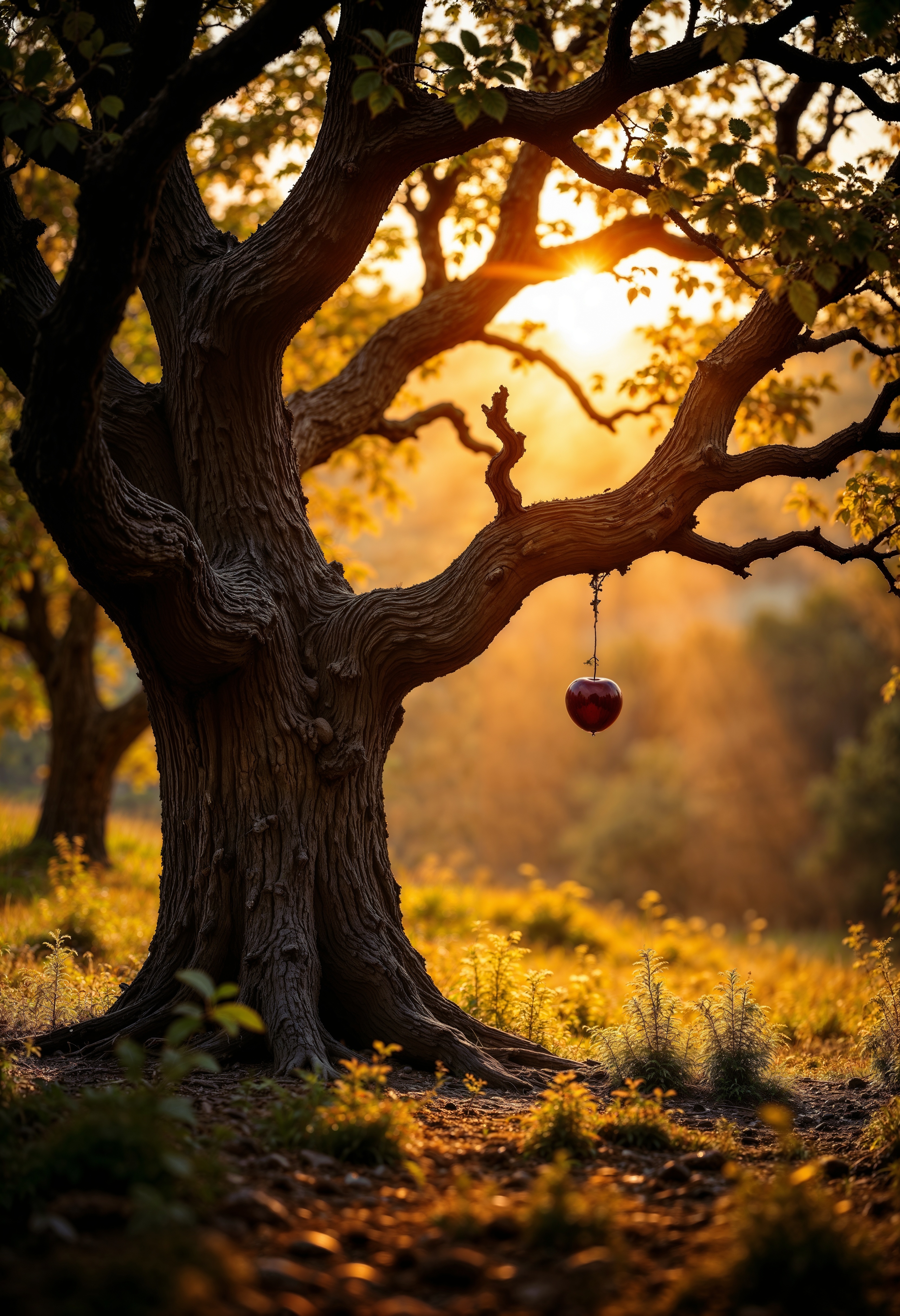 A dramatic, warm-toned cinematic photograph of the forbidden tree from the biblical narrative, situated in the lush and vibrant Garden of Eden, with intricate branches and leaves that shimmer in the soft, golden light, capturing the essence of a sacred and timeless moment, with a sense of mystique and wonder, as if the viewer is witnessing a pivotal event in history, with a shallow depth of field to emphasize the central focus on the tree's provocative fruit, and a subtle, creamy bokeh in the background to evoke a sense of serenity and perfection, with the overall mood evoking a sense of curiosity, temptation, and reverence.