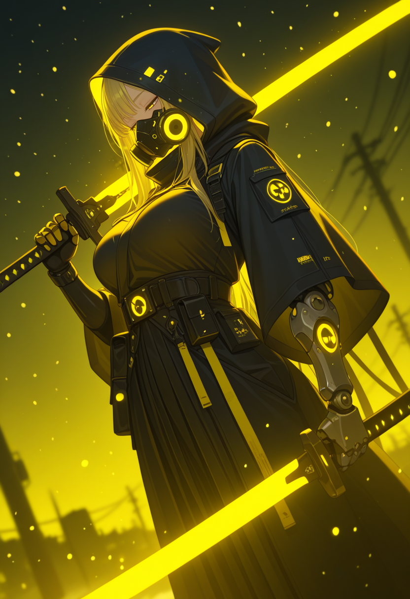 (masterpiece, best quality:1.2), amazing quality, very aesthetic, 32k, absurdres, newest, scenery,  
1girl, snowing, mask, yellow eyes, weapon, hood, mechanical arms, utility pole, holding, holding weapon, outdoors, snow, power lines, respirator, over shoulder, single mechanical arm, weapon over shoulder, gas mask, solo, sword, breasts, long hair, glowing, belt, yellow theme, mouth mask ,dutch angle
,half-closed eyes,
,dutch angle, dark background, (night:0.8), blurry background, glowing light particles, depth of field <lora:PHM_style_IL_v3.3:1.0>