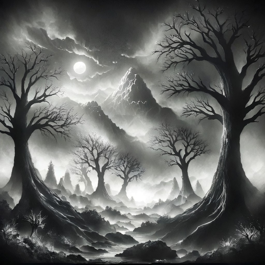Charcoal drawing, dramatic landscape, black and white, ancient tree masterpiece, unique artwork, maximal details, uhd, 8k <lora:Hazard:0.81> nuclearhazard, <lora:ral-ertmsphr:0.35> ral-ertmsphr, <lora:add-detail-xl:1>, <lora:CinematicStyle_v1:0.7>, <lora:SDXLFaeTastic2400:0.41>, <lora:xl_more_art-full_v1:0.37>