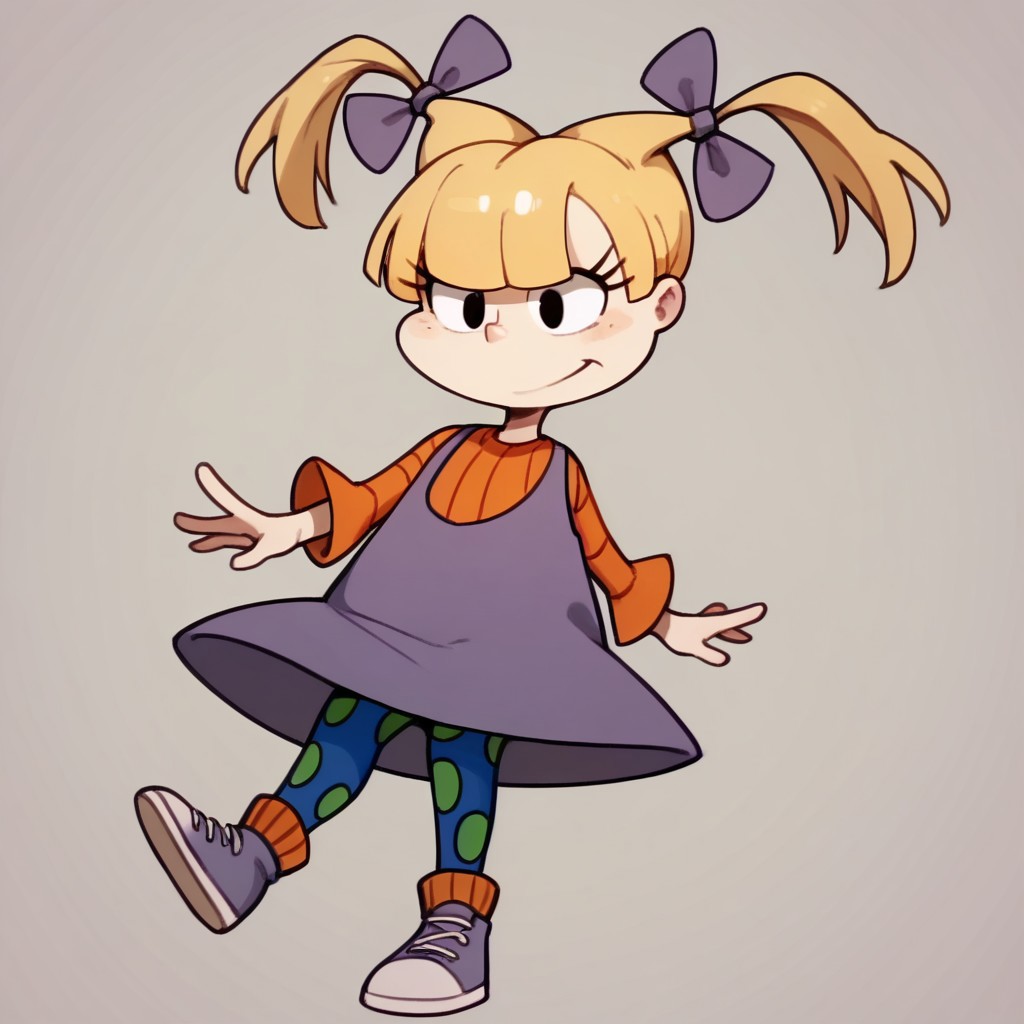 score_9, score_8_up, score_7_up BREAK AngelicaP, 1girl, blonde hair, black eyes, pigtails, purple bows, sleeveless purple dress, orange longsleeved shirt, blue green polka dot leggings, orange socks, purple white shoes, cartoon, source_cartoon,