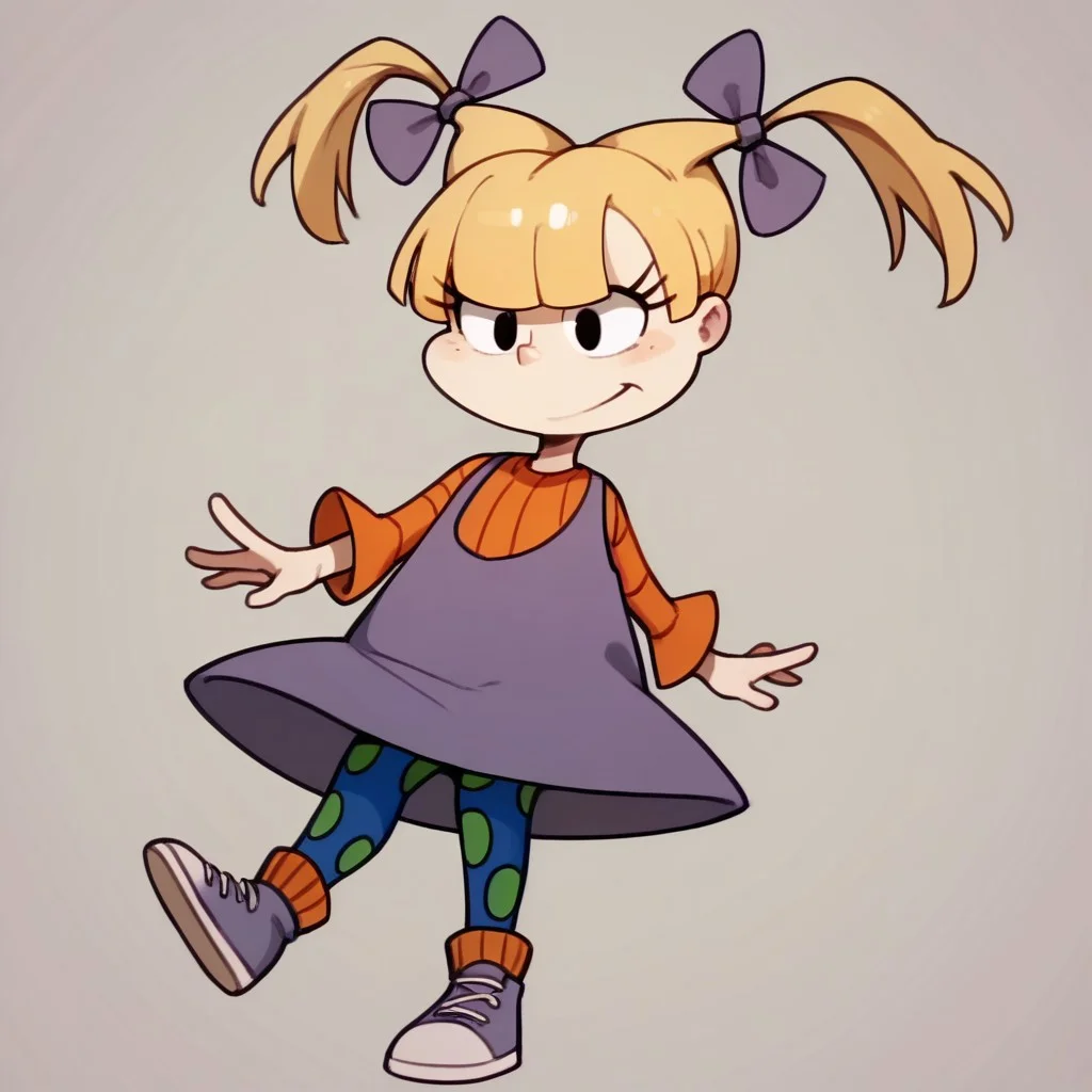 score_9, score_8_up, score_7_up BREAK AngelicaP, 1girl, blonde hair, black eyes, pigtails, purple bows, sleeveless purple dress, orange longsleeved shirt, blue green polka dot leggings, orange socks, purple white shoes, cartoon, source_cartoon,