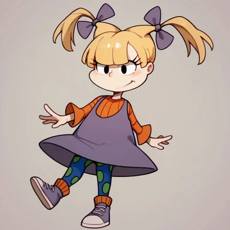 score_9, score_8_up, score_7_up BREAK AngelicaP, 1girl, blonde hair, black eyes, pigtails, purple bows, sleeveless purple dress, orange longsleeved shirt, blue green polka dot leggings, orange socks, purple white shoes, cartoon, source_cartoon,