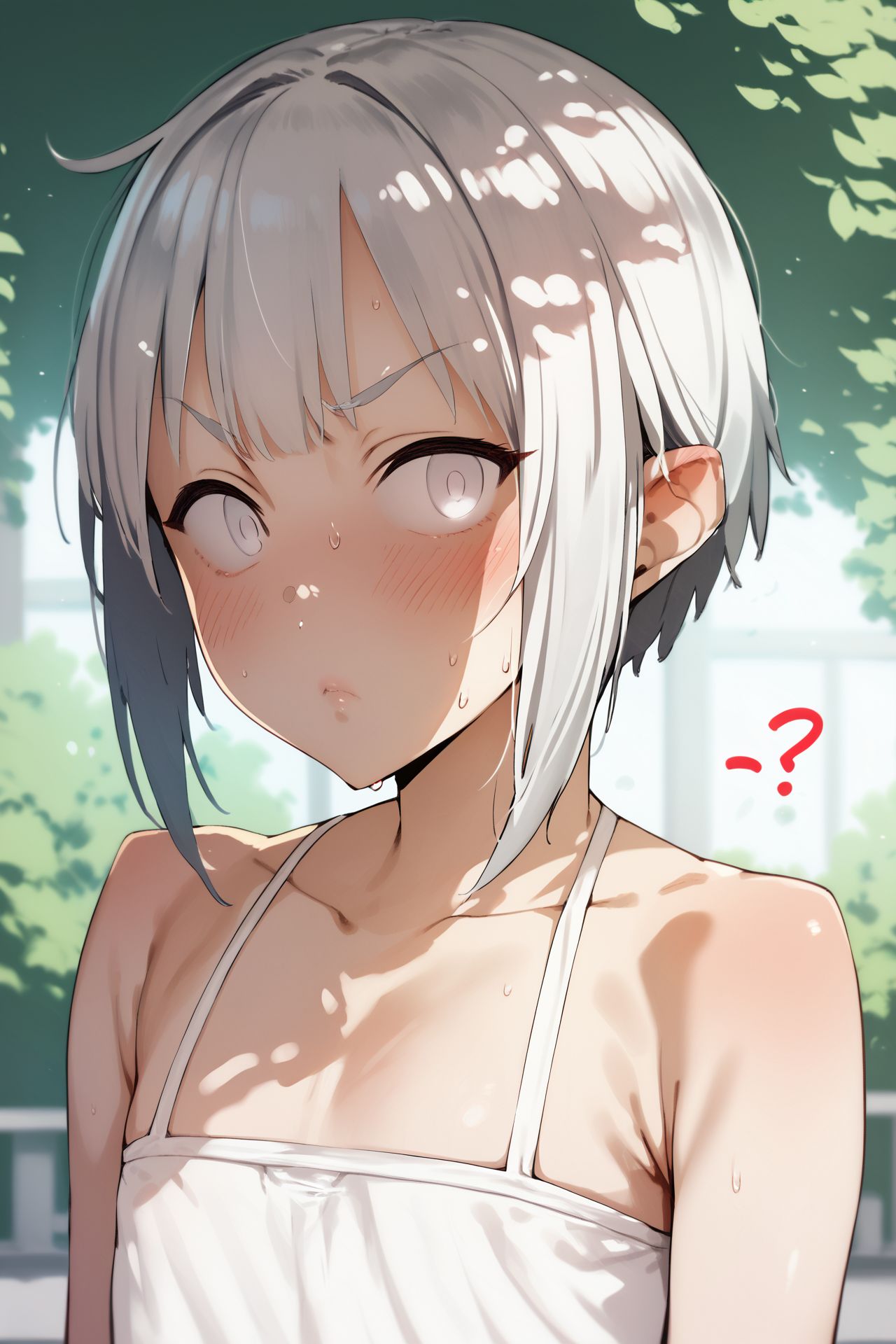 score_9, score_8_up, score_7_up, high resolution, 1girl, looking at viewer, confused, blush, silver hair, micro bangs, white eyes, flat chest, day,  <lora:pija_(pianiishimo)_PonyXL_style_v01.08.01:1>