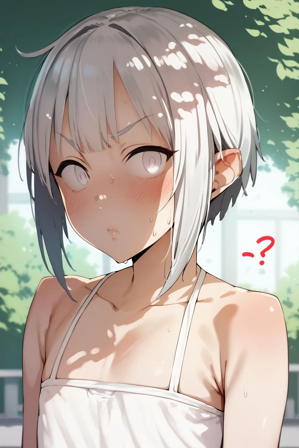 score_9, score_8_up, score_7_up, high resolution, 1girl, looking at viewer, confused, blush, silver hair, micro bangs, white eyes, flat chest, day, <lora:pija_(pianiishimo)_PonyXL_style_v01.08.01:1>
