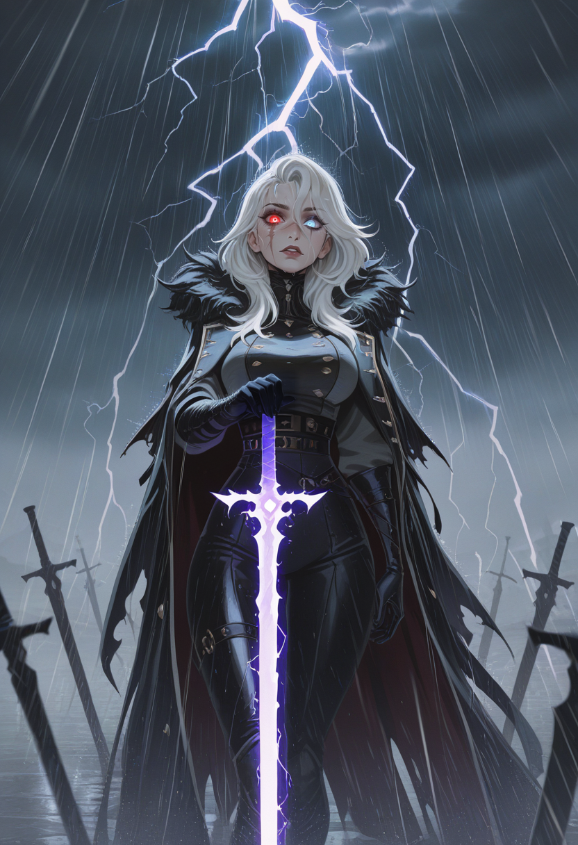 masterpiece, best quality, absurdres,
1girl, solo, white hair, scar,makeup,glowing eyes,heterochromia,
raining, lightning, glowing sword, looking at viewer, planted sword