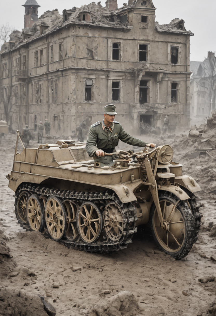 detailed digital art of battle field,masterpiece,best Quality,WWII eastern Front (1.5),viehcle (1.5),Rubble and Ruins (1.0),Mansion (0.8),Grim War Atmosphere (1.4),Smoke Lines (1.1),Worn Military Uniforms (1.2),Battle-Wearing Looks (1.3),Detailed Weapons (1.0),Atmospheric Lighting (1.1),Cinematic Composition (1.2),Historical Accuracy (1.4),depth of field,(wheel is spinning, caterpillar tracks are turning:1.5),rising dust,(((burr))),smog,steam,moving foward,wideshot,Matte,dusty body,vibration,exaggerated perspective,caterpillar tracks are kicking up dirt,<lora:kettenkrad_SDXL:1>,kettenkrad,camouflage painting,real,realstic,
german army,2boys,from back view,last tour,holding handlebar,