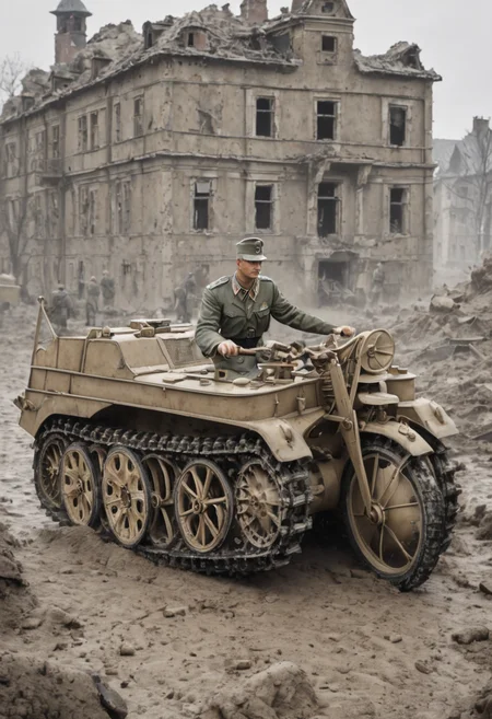detailed digital art of battle field,masterpiece,best Quality,WWII eastern Front (1.5),viehcle (1.5),Rubble and Ruins (1.0),Mansion (0.8),Grim War Atmosphere (1.4),Smoke Lines (1.1),Worn Military Uniforms (1.2),Battle-Wearing Looks (1.3),Detailed Weapons (1.0),Atmospheric Lighting (1.1),Cinematic Composition (1.2),Historical Accuracy (1.4),depth of field,(wheel is spinning, caterpillar tracks are turning:1.5),rising dust,(((burr))),smog,steam,moving foward,wideshot,Matte,dusty body,vibration,exaggerated perspective,caterpillar tracks are kicking up dirt,<lora:kettenkrad_SDXL:1>,kettenkrad,camouflage painting,real,realstic,
german army,2boys,from back view,last tour,holding handlebar,